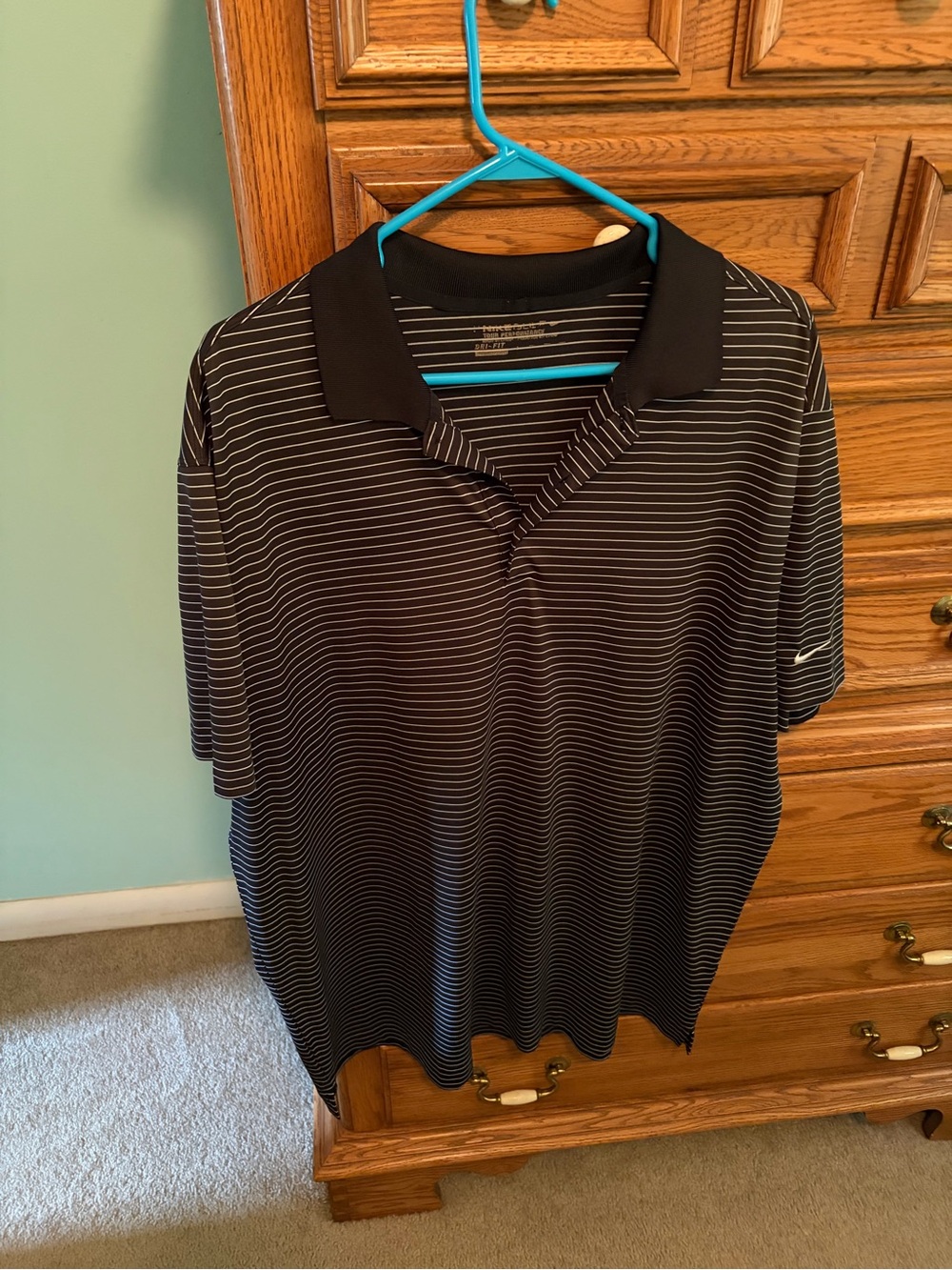 Nike Men's Black Polo with Thin White Stripes and Black Collar